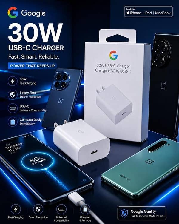 Google 30W USB-C Fast Charger Power Adapter, Ultra Compact Travel Ready Wall Charger with Built-in Safety Protection, Universal Compatibility for iPhone 15/14/13, iPad, MacBook, OnePlus, & Android Phones