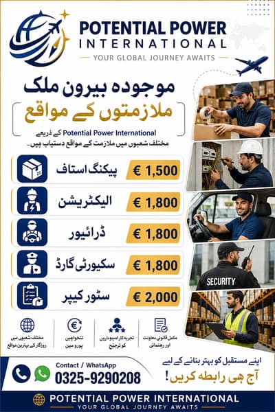 Electrician  | Packing staff |  Driver|  Security Guard|  Supervisor
