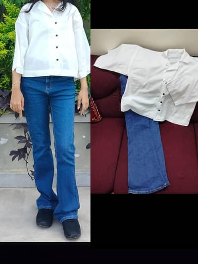 baggy white shirt and bell bottom jeans