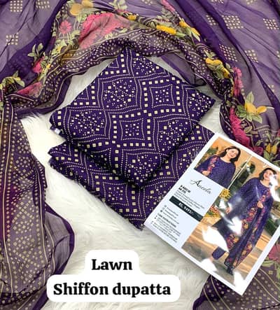 3 pc lawn suit with chiffon dupatta