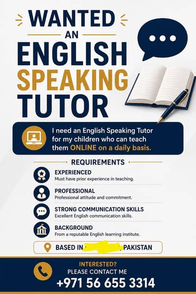 English Speaking Tutor Required (online)