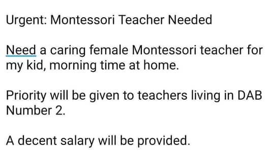 Female Montessori teacher required in Dab number 2