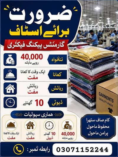Need urgent staff garments packing factory in Lahore