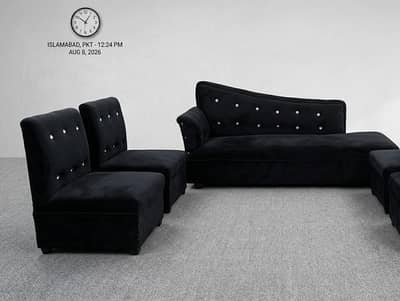 7-Seater Premium Black Velvet Sofa Set for Sale (4 + 2 + 1+1) Lahore