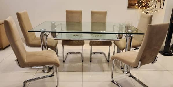 Glass Dining Table with Beige Color Chairs