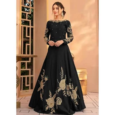 black shamroz silk maxi suit with gold embroidery for Eid wedding