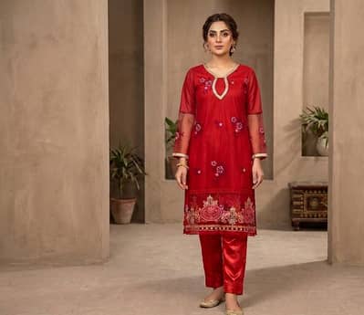 Net embroidered dress with net embroidered dupata and reshmi trauser