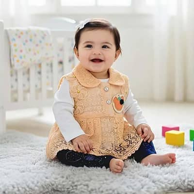 peach lace crochet frock and neavy heart trousers set for girls