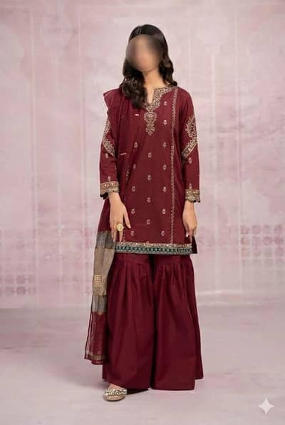 Maroon Embroidered 3 piece lawn suit