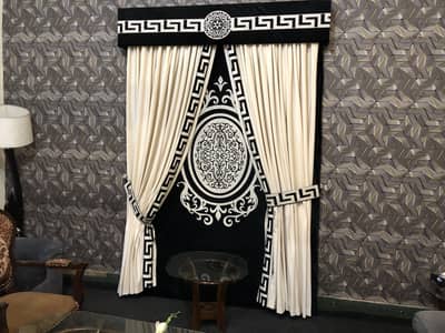 Black and cream curtains with black border