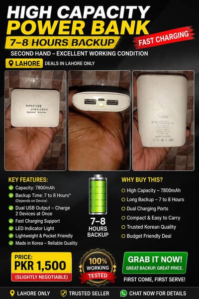 7800mAh Power Bank | 7–8 Hours Backup | Dual USB | Lahore