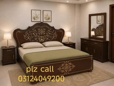 wooden bed with two side tables dressing