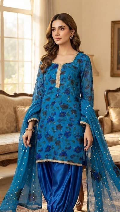 Printed Chiffon dress with Bindi dupata and reshmi  shalwar