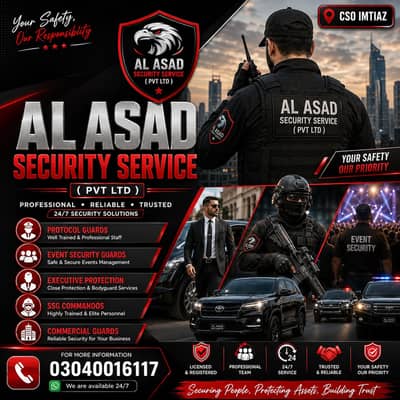We provide Security Guards , SSG Staff Commandos, Protocol services