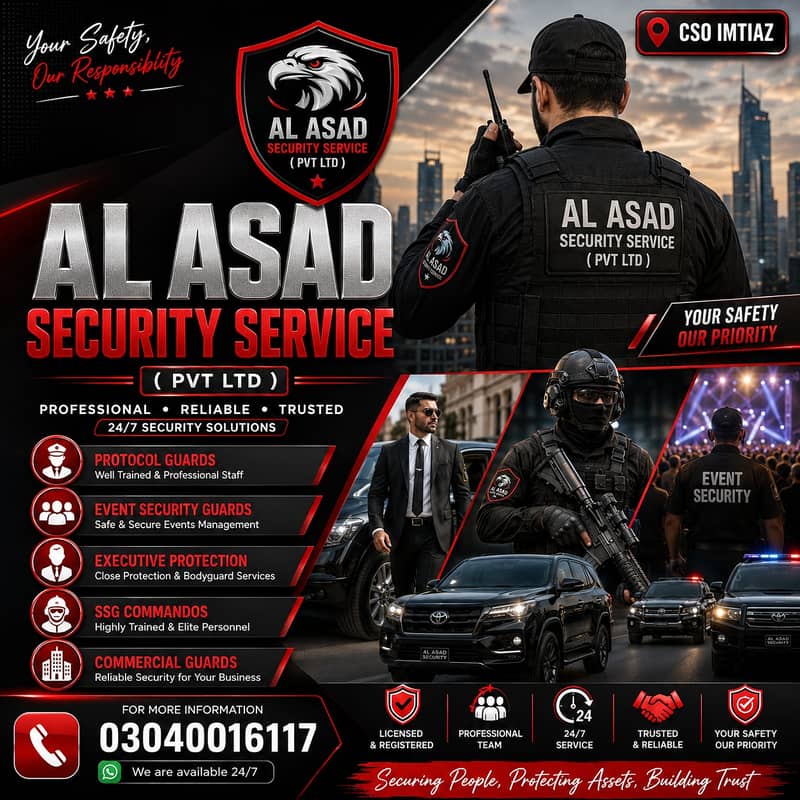 We provide Security Guards , SSG Staff Commandos, Protocol services 0