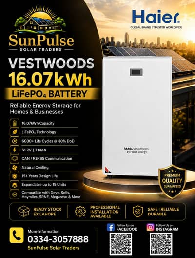 Westwoods 16.07kWh LiFePO4 Lithium Battery Haier 51.2V 314Ah Solar