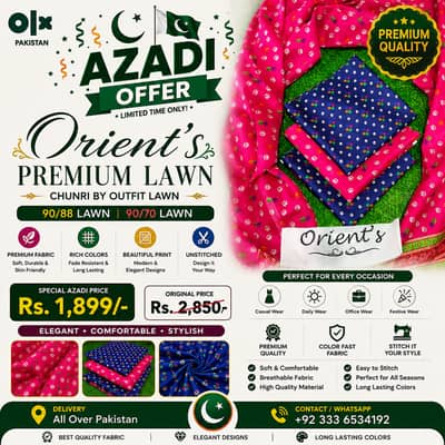 Orient’s Premium Lawn – 90/88 & 90/70 Unstitched Lawn | Azadi Offer