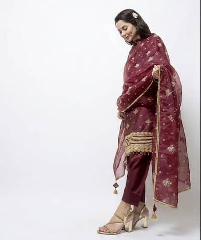 Beautiful Maroon & Golden Embroidered 3-Piece Dress
