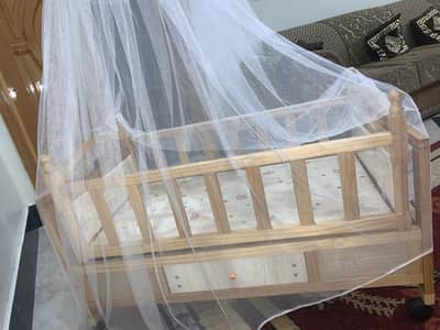 Brand New Condition Wooden Baby Cot with Wheels + Drawer