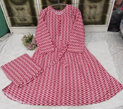 Red & White Printed 2 Piece Frock Suit