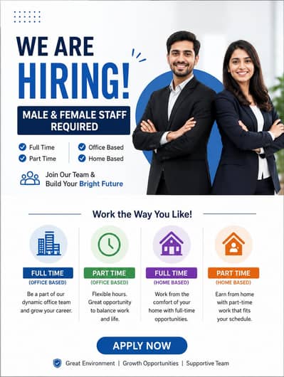 Hiring staff male female for office based, home based