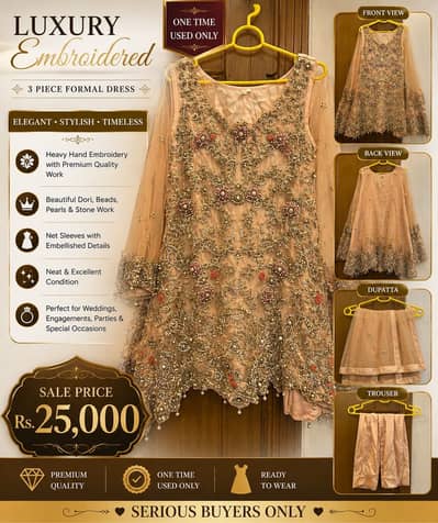Luxury Peach Embroidered 3 Piece Formal Dress – One Time Used Only