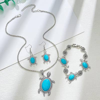 turtle jewelry set and pink rose gold hibiscus necklace for women