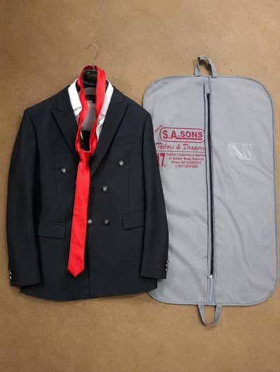 Black Formal 2-Piece Suit with Red Tie & Garment Cover – Like New