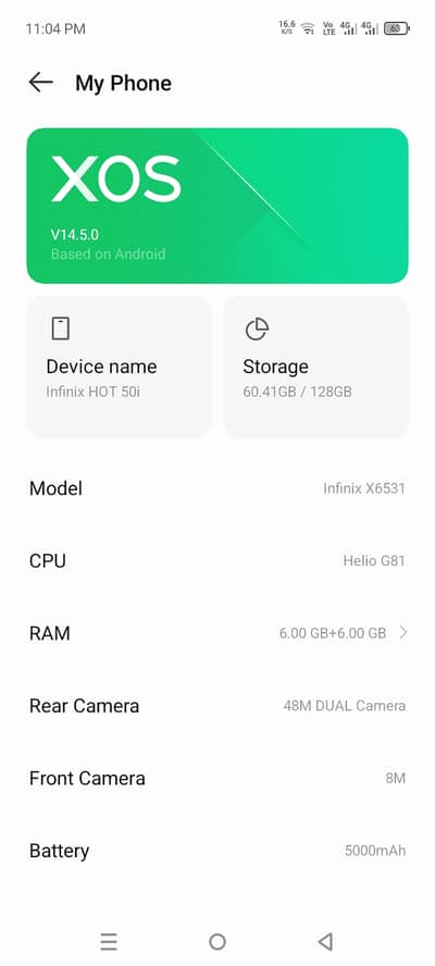 Infinix hot 50i 6+6/128 chipset g81 battery 5000mah 18w fast charger