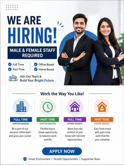 Hiring male and female parts staff for offiuce based and home baded