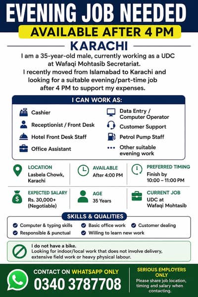 EVENING JOB NEEDED – KARACHI