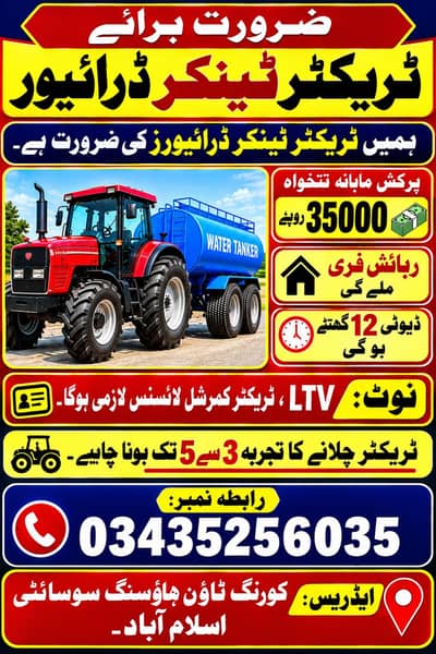 Need for Tractor drivers pay monthly 35000