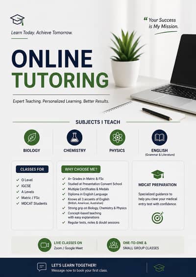 Online Tutor | All Classes | MDCAT | Biology, Chemistry & Physics