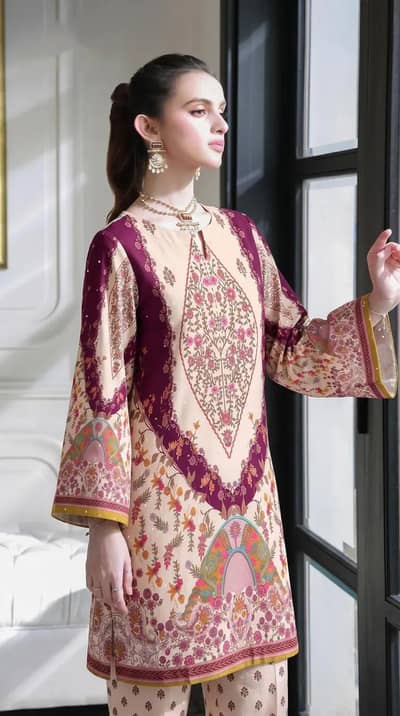 Peach Printed Lawn 2 Pcs Unstitched Suit (Shirt & Trouser)