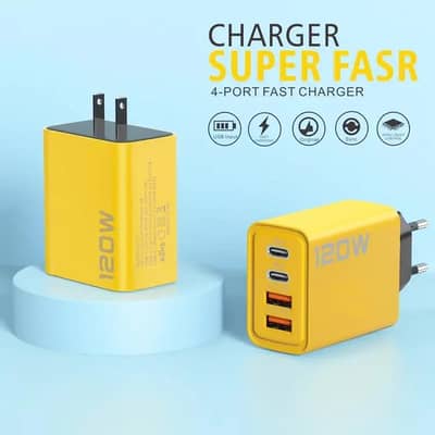 120W Fast Charger 4 Ports (Dual Type-C + Dual USB) Yellow