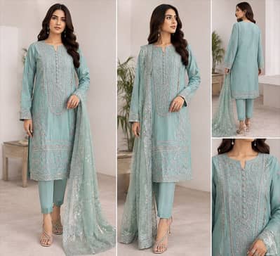 Embroidered embellished raw silk 3pc dress