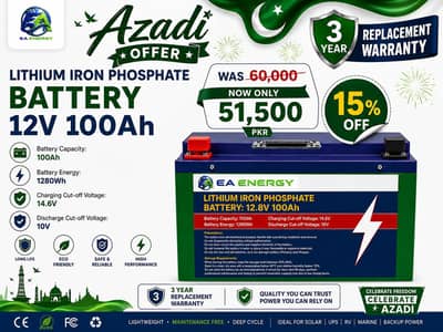 12 V, 100 Ah lithium iron phosphate 1.2 KW