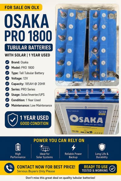 Osaka Pro 1800 Tubular Batteries – For Sale
