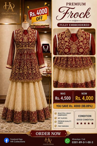 Premium Fully Embroidered Frock | Maroon & Golden |