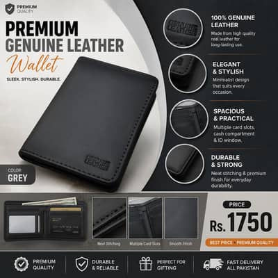 Premium Genuine Leather Wallet for Men – Grey | Stylish & Durable