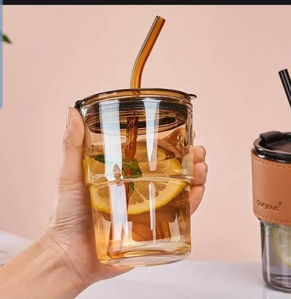 OverTwice Glass Tumbler with Straw and Lid 20oz, Glass Cup with Leather Protective Sleeve, Glass Water Bottles for Straw and Direct Drinking Mouth Dual Use, Summer Travel Essential Glass Bottles Amber 1 Glass Straw