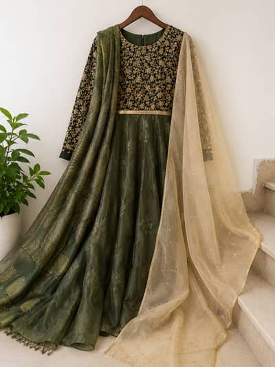 Organza tissue frock f full fall dark mud green