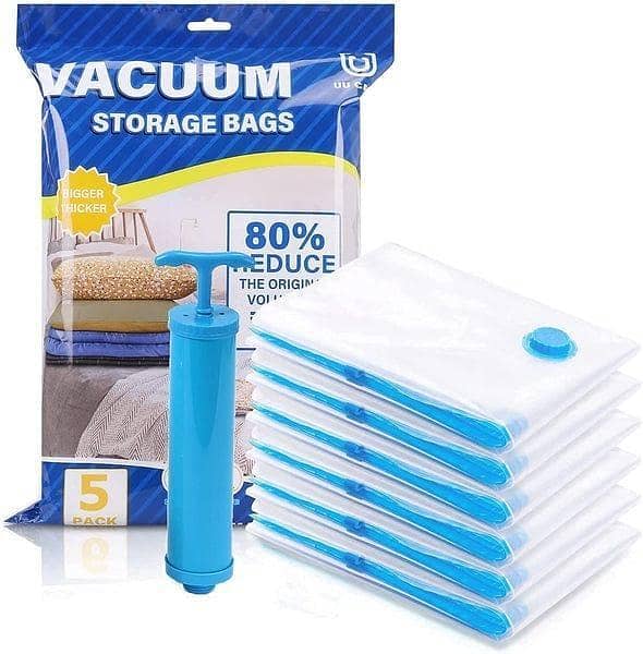 Pack of 5 Vacuum Storage Bags with Hand Pump - Space Saver Compression Bags for Clothes, Blankets, Quilts - 80% Volume Reduction Reusable Bags