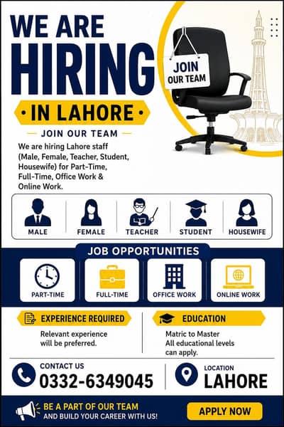 Urgent Staff Hiring in Lahore – Full Time / Part Time / Online Work