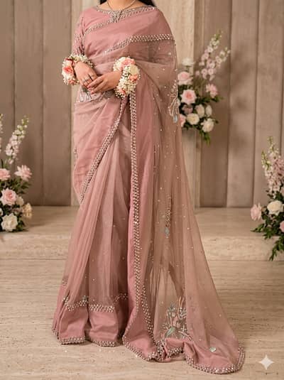 Designer Pink Net Saree | Fancy Party Wear Saree with Pearl Work