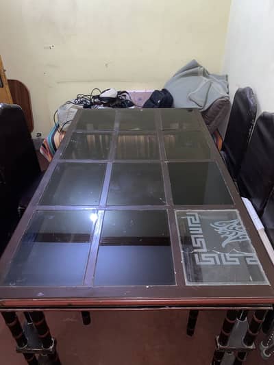 Solid Wooden Dining Table with Glass Panel Top & 5 Cushioned Chairs
