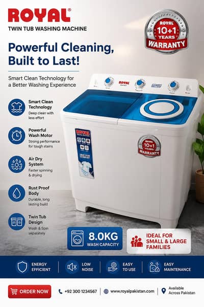 ROYAL Twin Tub Washing Machine – 8 KG | Just one time used