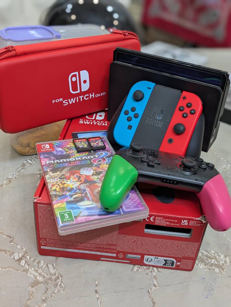 Nintendo Switch OLED + Pro Controller + 2 Games + Pouch | Full Bundle 8