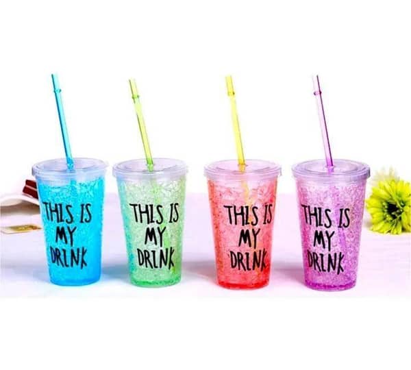 Crystal Ice Tumbler with Straw 500ml Reusable Double Wall Cold Drink Cup | BPA Free Leakproof Travel Mug | Plastic Juice Coffee Water Cup