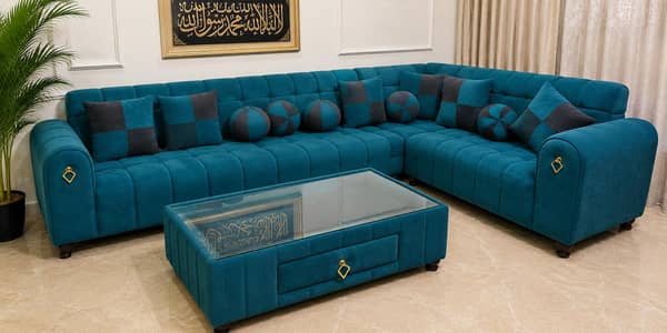 Teal Blue L shaped sofa with Bubbled Design